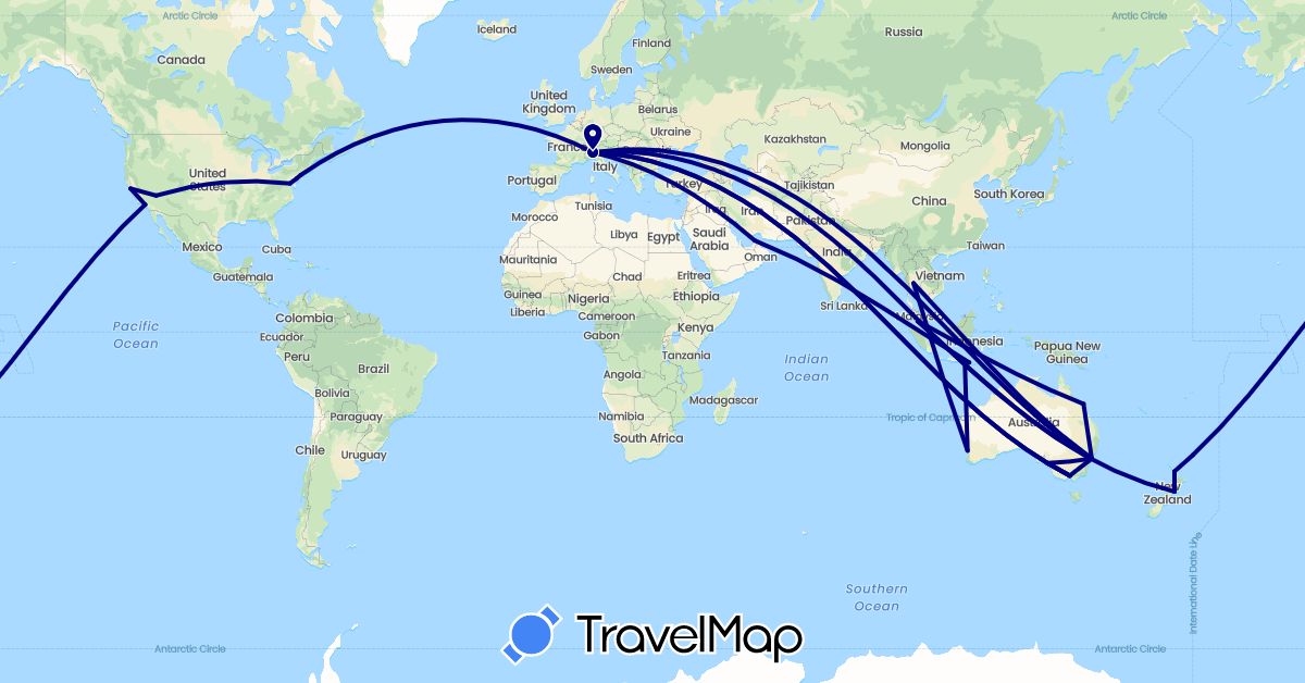 TravelMap itinerary: driving in United Arab Emirates, Australia, Indonesia, Italy, Malaysia, New Zealand, Singapore, Thailand, United States (Asia, Europe, North America, Oceania)